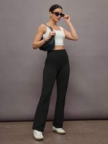 Activina Solid Color High Waisted Elastic Flared Pants, Sportswear - Black - View 5