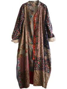 LUZU JUNU Women's Trench Coat Floral Print Long Cotton Linen Jacke Cottagecore Clothing Patchwork Outwear Bohemian Unique - 復古灰色溫暖絎縫 - 查看 9