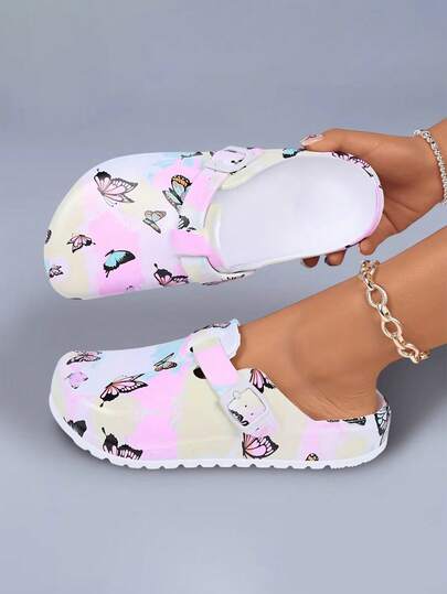 Women's Fashion Printed Breathable EVA Clogs, Lightweight Non-Slip Work Shoes, Adjustable Buckle Soft Sole Suitable For Beach, Garden, Autumn