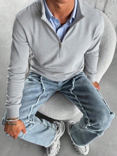 Pulover casual pentru bărbați, cu mânecă lungă și fermoar pe jumătate, versatil pentru purtare zilnică