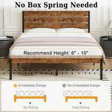 VECELO Queen Size Bed Frame With Wood Headboard, Metal Frame, Noise-Free Industrial Bed, Full & Twin Options, Platform Bed, Brown - 棕色 - 查看 2