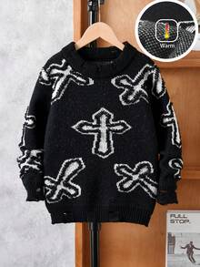 男童街头风十字图案针织套头毛衣，长袖，适合春、秋、冬季休闲穿着。 - 黑色 - 查看 1