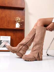 Fancy High Boots With Notched Sole And Pleated Upper - Camel - View 1