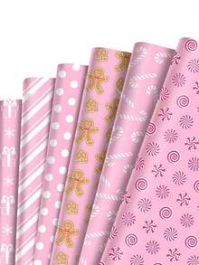 12pcs Pink Christmas Wrapping Paper With Snowflake Gingerbread Man Designs - Festive Decorative Packaging Sheets For Holiday Presents, Vibrant Color Prints, Ideal For Christmas Party Gifts, Friend & Lover Gift Wrapping Christmas Christmas Decorations Christmas Pajamas Christmas Gifts Christmas Decor