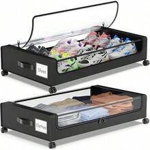 A Bed With Wheels For Storage, 2 Sets Of Bed Storage Containers With Transparent Lids, Bed Storage Boxes For Shoes And Clothes, A Rollable Bed Storage Box For Clothes, Shoes And Blankets, Two Boxes For Sorting Shoes And Clothes. - Black - View 1