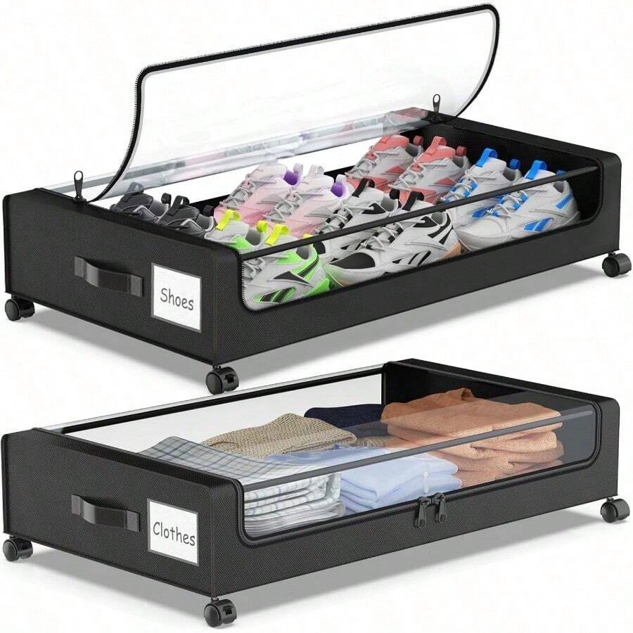 A Bed With Wheels For Storage, 2 Sets Of Bed Storage Containers With Transparent Lids, Bed Storage Boxes For Shoes And Clothes, A Rollable Bed Storage Box For Clothes, Shoes And Blankets, Two Boxes For Sorting Shoes And Clothes. - Black - View 1