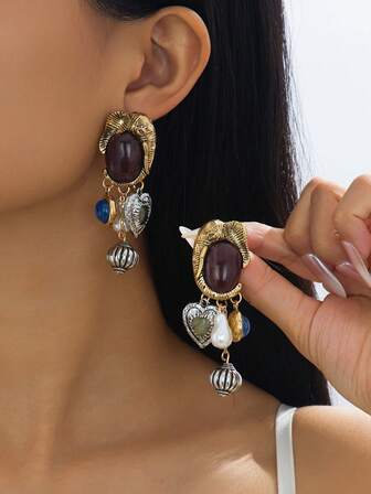 1 Pair Vintage High-End Faux Pearl Gemstone Animal Metal Pendant Earrings, Creative & Versatile, Autumn/Winter