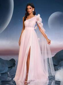 Anymoon 女士 3D 立体花卉装饰网纱长款晚礼服，适合毕业典礼、返校节、正式舞会、派对和婚礼等场合。 - 淺粉色 - 查看 6