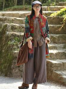 LUZU JUNU Women's Trench Coat Floral Print Long Cotton Linen Jacke Cottagecore Clothing Patchwork Outwear Bohemian Unique - 綠色夾克毛絨襯裡 - 查看 6