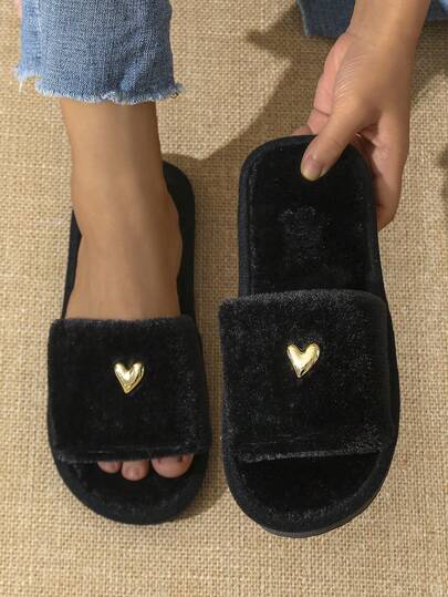 Premium Fashion Heart Decor Plush Slippers For Women, Soft & Comfortable Soft-Sole Lightweight, Suitable For Living Room & Bedroom, All Season