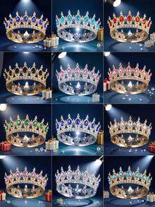 巴洛克水晶皇冠，奢华圆形皇家皇冠，优雅新娘婚礼头饰，派对头饰，金色皇冠，头冠，金色头饰，皇冠，发饰花环，头花圈，发藤，发圈，头冠，伴娘礼物，发饰 - 彩色 - 查看 1