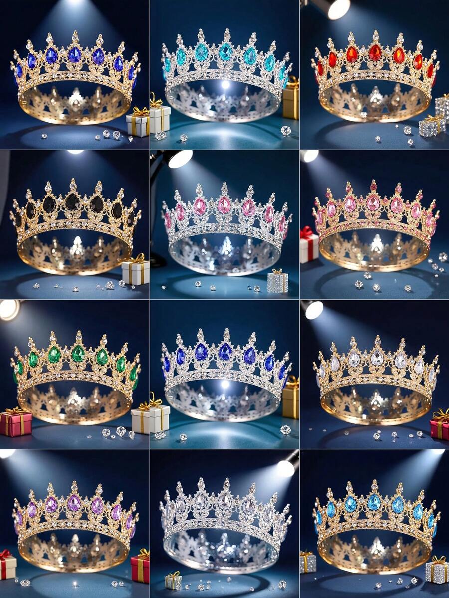 巴洛克水晶皇冠，奢华圆形皇家皇冠，优雅新娘婚礼头饰，派对头饰，金色皇冠，头冠，金色头饰，皇冠，发饰花环，头花圈，发藤，发圈，头冠，伴娘礼物，发饰 - 彩色 - 查看 1