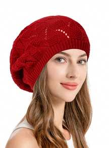 2Pcs/1pc Women's Fashion Hollow Knitted Leaf Flower Beret Casual Daily Beret Solid Color Fashion Versatile Hat Slack, Suitable For Daily Life And Travel