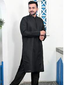 Estationeryhouse Men's Kurta Pyjama In Raw Silk Jacquard Work (Comes With White Pajama) - Black - View 4