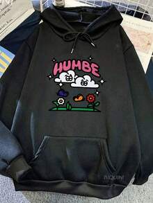 Unisex Oversized Hoodie With White Cloud & Floral Graphic Print, "HUMBE" Lettering & Drawstring Hood - Black Casual Pullover For Men & Women, Autumn Winter Warmth, Machine Washable,Fall Hoodies,Men's Fall Clothes,Street Wear,Halloween,Mens Hoodies,Y2k Clothes,Jesus Hoodie,Thanksgiving Day,Nightmare Before Christmas,Christmas - Black - View 1