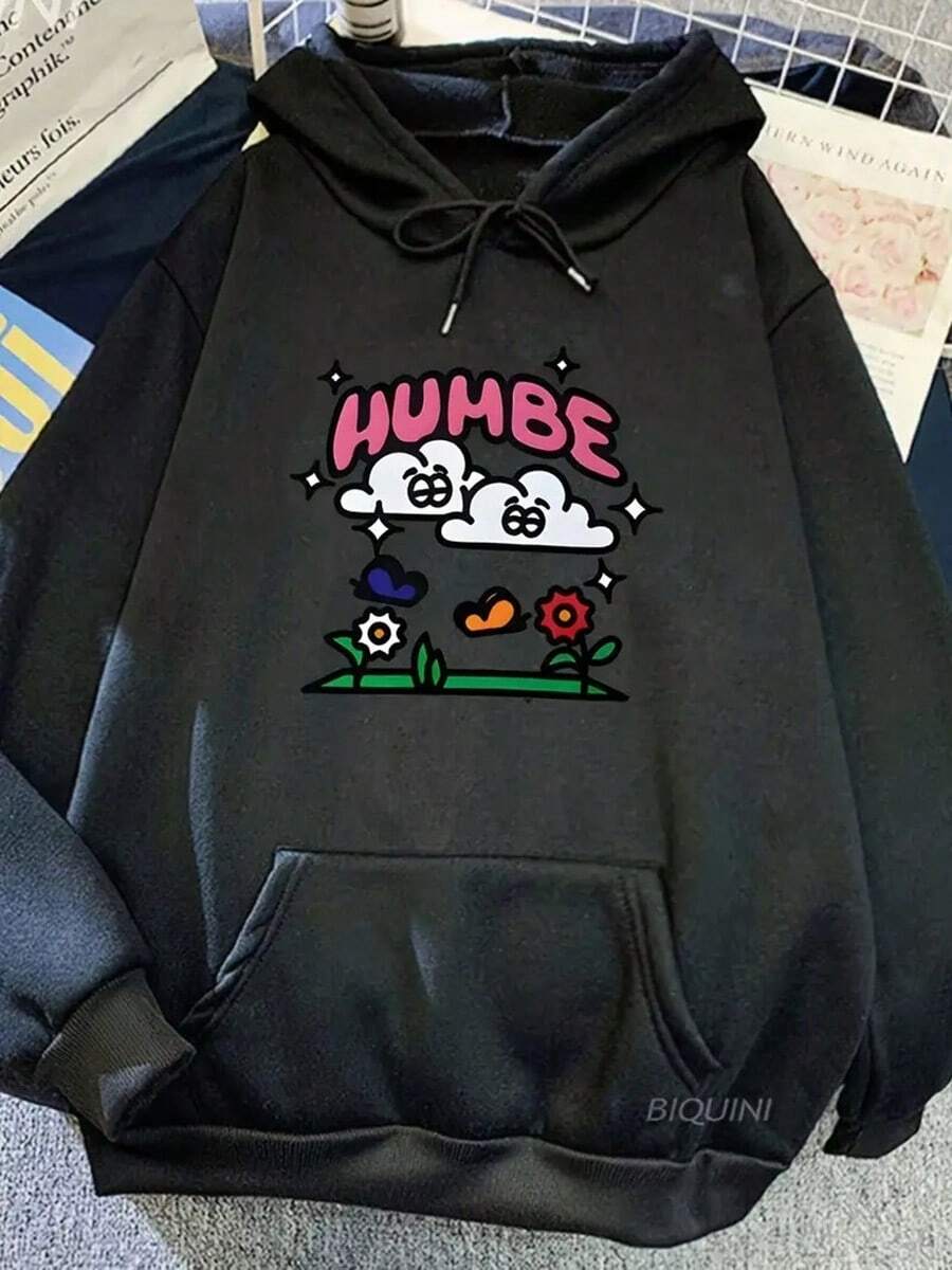 Unisex Oversized Hoodie With White Cloud & Floral Graphic Print, "HUMBE" Lettering & Drawstring Hood - Black Casual Pullover For Men & Women, Autumn Winter Warmth, Machine Washable,Fall Hoodies,Men's Fall Clothes,Street Wear,Halloween,Mens Hoodies,Y2k Clothes,Jesus Hoodie,Thanksgiving Day,Nightmare Before Christmas,Christmas - Black - View 1
