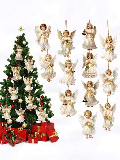 12 件天使木制挂饰 - 白色天使配金色铃铛和丝带，非常适合家庭、窗户、壁炉和派对装饰，节日春季和乡村风格，庆祝活动的理想礼物，派对装饰 | 天使设计 | 木制结构，天使装饰