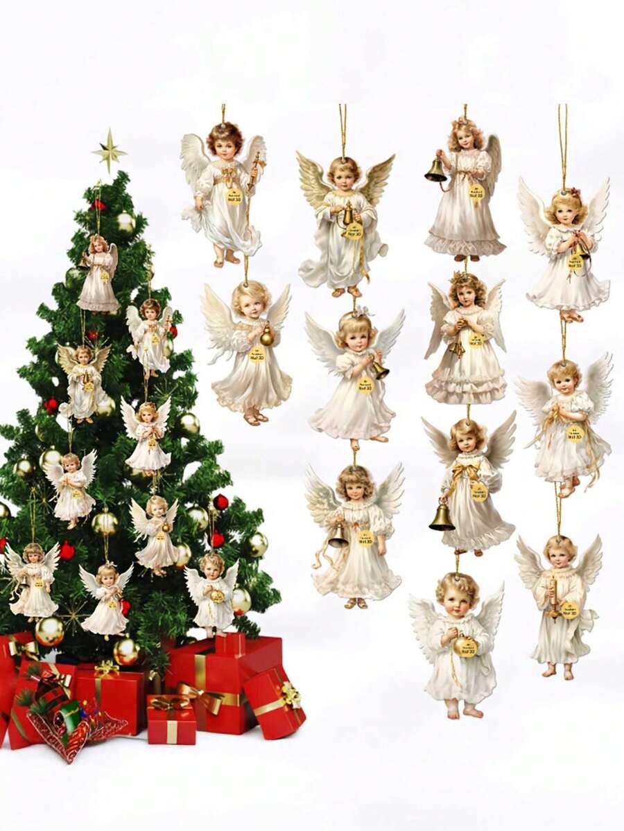 12pcs Angel Wooden Hanging Ornaments - White Angels With Golden Bells & Ribbons, Perfect For Home, Window, Fireplace, And Party Decor, Festive Spring & Country Style, Ideal Gift For Celebrations - Multicolor - View 1
