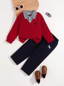 2 件男童休闲刺绣设计常规版型半襟长袖上衣和长裤套装，春秋