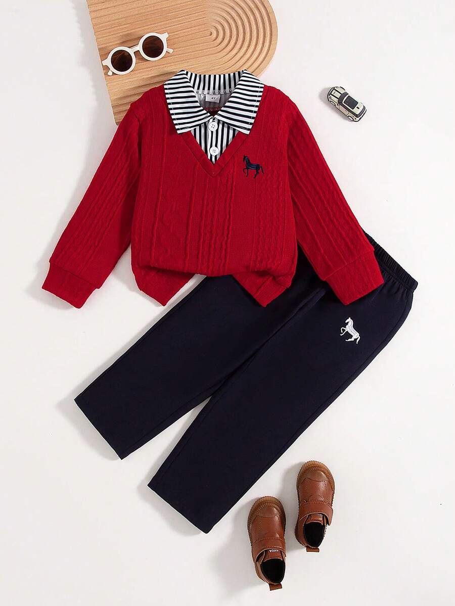 2 件男童休闲刺绣设计常规版型半襟长袖上衣和长裤套装，春秋