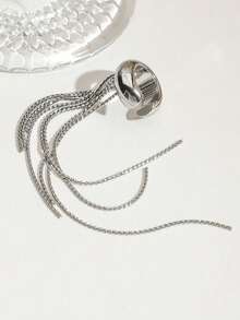 1pc Fashionable Elegant Long Tassel Stainless Steel Ear Cuff Earrings, 18K Gold Plated, Suitable For All Occasions, Party, Daily Commute, Gift Choice - Silver - View 2