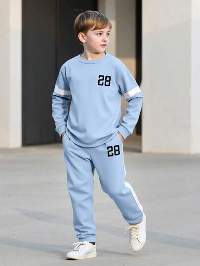 2pcs/Set Tween Boy Spring/Autumn Printed Sweatshirt And Pants Casual Outfit