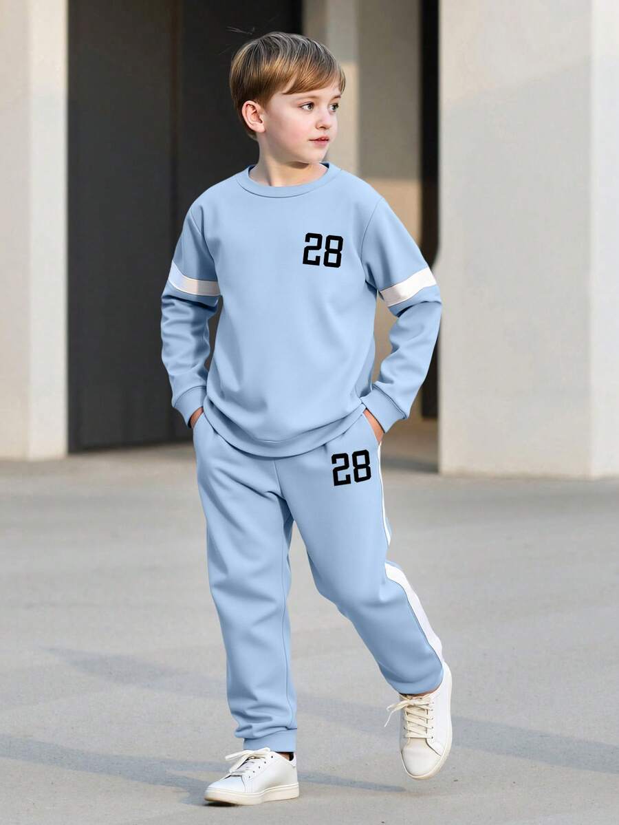 2pcs/Set Tween Boy Spring/Autumn Printed Sweatshirt And Pants Casual Outfit - Blue - View 1