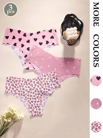 3 piezas de bragas de mujer con estampado de corazón lindo, ribete con volantes, tela suave y lisa, ropa interior cómoda y casual