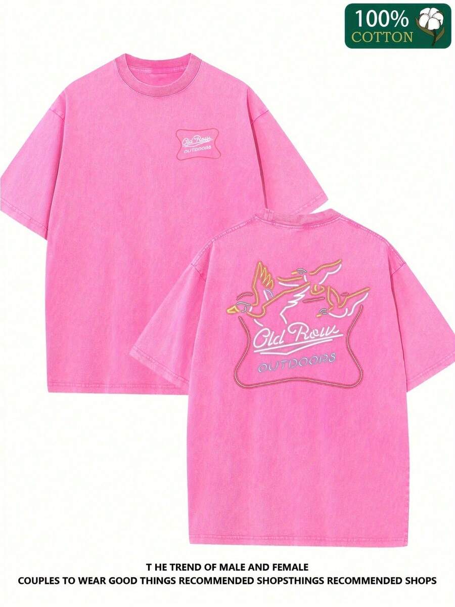 Letters Old Row Outdoor Neon Duck Double-Sided Printed Flowers Retro Street Style Basic T-Shirt
