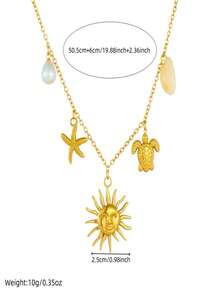 1 Gold-Plated Face Sun Starfish Turtle Pendant, Thin Chain, Stainless Steel Simple Heavy Industry Jewelry Necklace