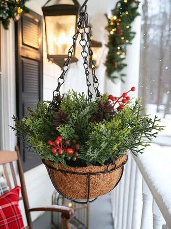 1pc Artificial Cedar Leaf+Pine Leaf Red Fruit Hanging Basket,Simulation Cedar Pine Fruit Berry Pine Boughs Hanging Basket Flower Basket,Green,Red,Wholesale,PE Material,Simulation Plant,Outdoor Party Event Festival Birthday Wedding Decoration,Patio Doorway Home Dining Room Living Room Bedroom Garden Decoration,Christmas Decoration