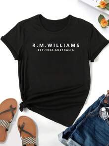 Women'S Casual Short Sleeve T-Shirt With R.M. Williams Australia Letter Print - Crew Neck, Breathable Stretch Fabric, All-Season Comfort, Sizes S-XXL, Casual Wear|Casual Style|Stretchy Fabric - 黑色 - 查看 3