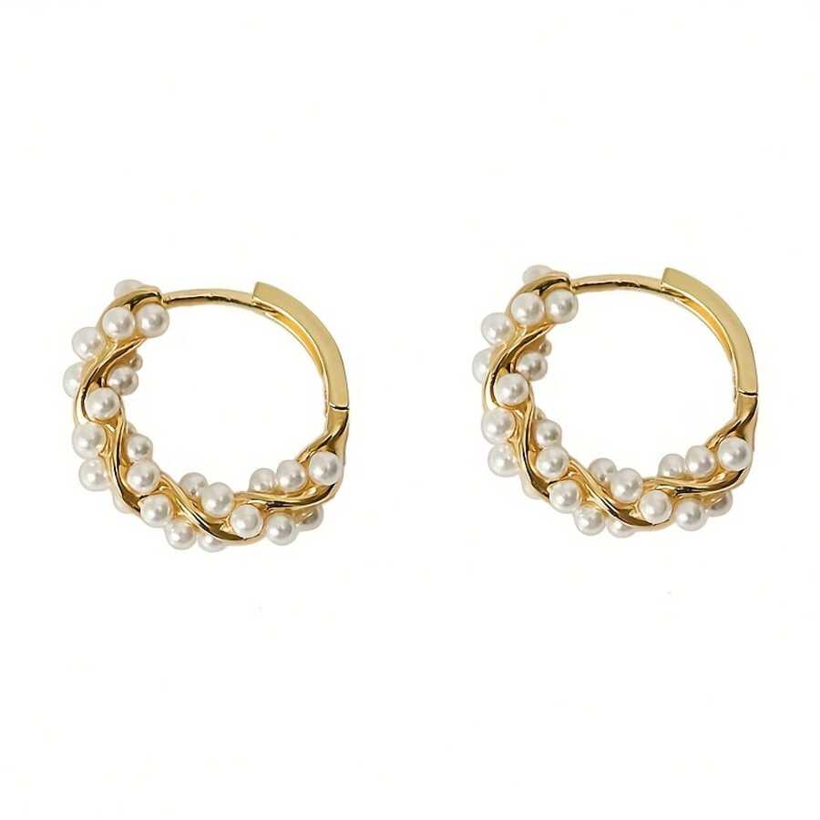 2025 New Gold Pearl Braided Earrings Light Luxury Spiral Earrings Elegant Socialite Earrings European And American Style High-End Earrings Birthday Gift For Best Friend