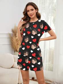 Customized Women's Pajama Set, Unique Big Head Photo, Couple Face Replacement, Holiday Atmosphere,Roupa Reveillon - Black - View 4