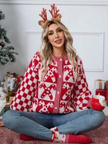 Autumn/Winter New Casual Chic Christmas Sweater Button Front Long Sleeve Cardigan Red Top Long Sleeve Going Out Top Thanksgiving For Women New Year Women's Party Daily Wear Date Festival Christmas - Red - View 6