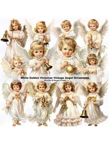 12pcs Angel Wooden Hanging Ornaments - White Angels With Golden Bells & Ribbons, Perfect For Home, Window, Fireplace, And Party Decor, Festive Spring & Country Style, Ideal Gift For Celebrations - Multicolor - View 6