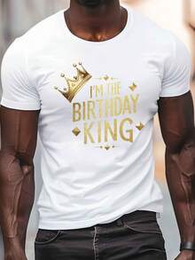 Men's "I'm The Birthday King" Golden Crown Graphic Tee - Casual Crew Neck Short Sleeve, Lightweight Polyester Summer Shirt, Party Clothing|Crown Motif Shirt|Glossy Finish, Birthday Shirt - 白色 - 查看 2
