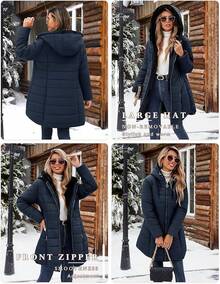 Women's Winter Windproof Fur Warm Slim Fit Down Jacket - Long Ski Coat For Commuting - Navy - 查看 2