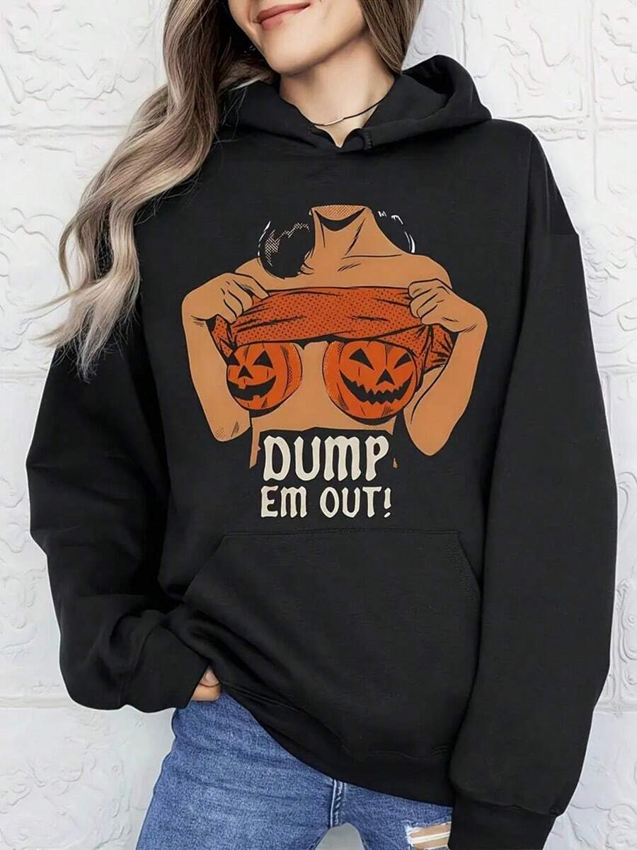 Women's Funny Halloween Hoodie - Dump 'Em Out Pumpkin Graphic Sweatshirt - Black Halloween Party Costume - Machine Washable Hooded Pullover For Halloween Pranks & Casual Attire, Halloween Clothes,Fall Hoodies,Men's Fall Clothes,Street Wear,Halloween,Mens Hoodies,Y2k Clothes,Jesus Hoodie,Thanksgiving Day,Nightmare Before Christmas,Christmas - Black - View 1