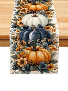 1pc Line Autumn Table Runner - Vibrant Fall Design With Orange, Blue, And White Pumpkins, Daisies, And Leaves - Perfect For Thanksgiving Kitchen Or Dining Room Decor 13x35.4/47.2/63/72/78.7 Inches