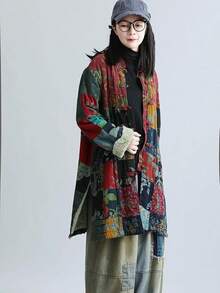 LUZU JUNU Women's Trench Coat Floral Print Long Cotton Linen Jacke Cottagecore Clothing Patchwork Outwear Bohemian Unique - 復古灰色夾克毛絨襯裡 - 查看 5