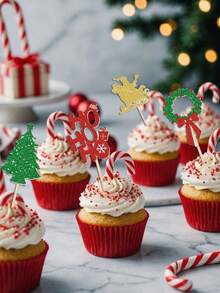 24 件“圣诞快乐”纸杯蛋糕装饰，圣诞树、驯鹿、雪人、雪橇图案纸杯蛋糕装饰，圣诞派对蛋糕装饰 - 彩色 - 查看 5