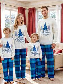 Christmas Family Pajamas Matching Set, Letters Tree Print T-Shirt With Plaid Pants Sleepwear Loungewear