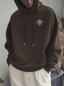 Sudadera con capucha holgada con cordón, estampado de brújula y alas, estilo casual para hombre, otoño/invierno - Marrón - Ver 2