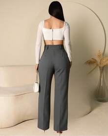Women's Pants/Tailored Pants/Basic Pants/Elegant Pants/Skinny Pants/Pocket Zipper Button - Xám đậm - Xem 2