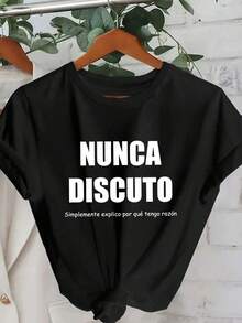 Camiseta gráfica con eslogan español de verano para mujer, uso diario casual y cómodo en color negro - Negro - Ver 4