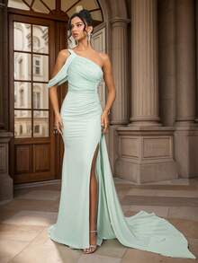 Green Sexy Off-Shoulder Evening Gown, Romantic Wedding Guest Bridesmaid Party High Slit Asymmetrical Dress - Mint Green - View 1