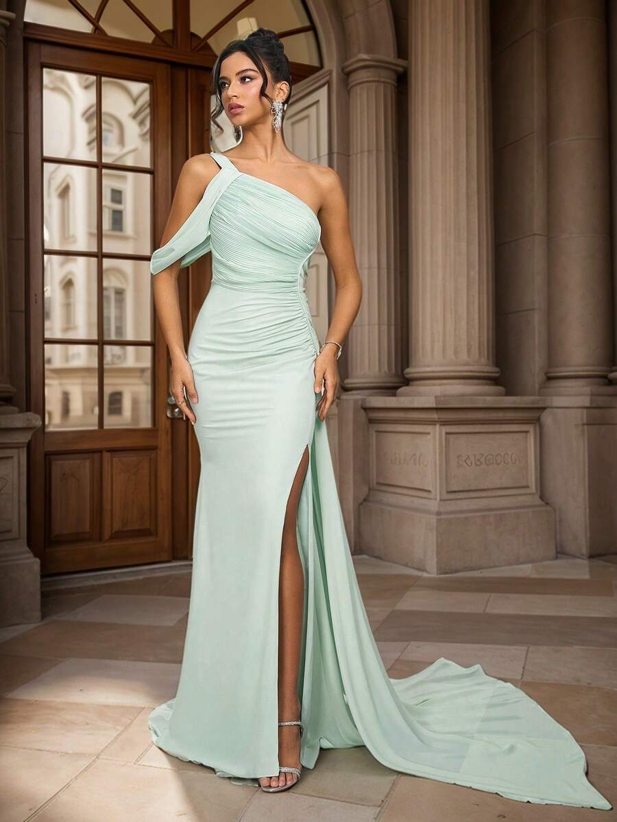 Green Sexy Off-Shoulder Evening Gown, Romantic Wedding Guest Bridesmaid Party High Slit Asymmetrical Dress - Mint Green - View 1