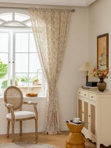 1pc Rustic Floral Curtain, Rectangular With Tassels Decor, Semi-Sheer Pole Top Curtain, Suitable For Bedroom, Living Room, Kitchen, Balcony, Patio, Study, Dining Room, Room Divider, Indoor Home Decor, All Season