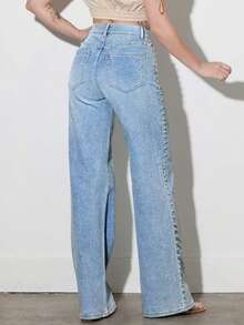 Women's High - Waisted Wide Leg Jeans, Vintage Washed Loose Denim Pants With Side Studs, Casual/Workwear - 淺色水洗藍 - 查看 8